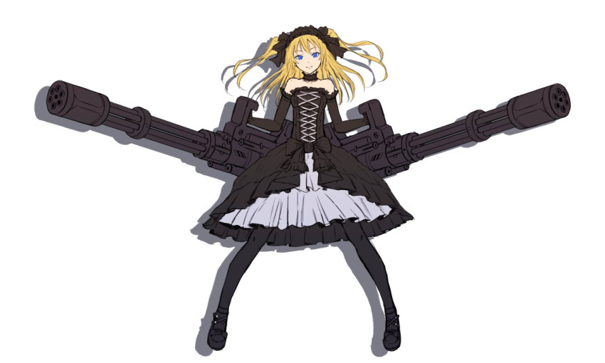 1girl bare_shoulders black_choker black_dress black_legwear black_ribbon blonde_hair blue_eyes breasts choker closed_mouth commentary_request detached_sleeves dress dual_wielding frilled_choker frilled_hairband frilled_skirt frills full_body gothic_lolita gun hair_ribbon hairband holding holding_gun holding_weapon legs_apart lolita_fashion looking_at_viewer machine_gun medium_hair original ribbon shadow simple_background skirt small_breasts smile solo standing sugi_214 thigh-highs weapon white_background work_in_progress