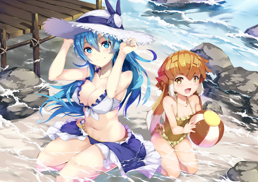 2girls :d absurdres animal_ears ball bangs bare_arms bare_legs bare_shoulders beach beachball bikini_skirt blue_eyes blue_hair blue_skirt breasts brown_hair brown_swimsuit casual_one-piece_swimsuit cleavage closed_mouth collarbone colored_tips commentary_request dock frilled_swimsuit frills front-tie_bikini front-tie_top full_body hair_between_eyes hands_on_headwear hat highres holding holding_ball jie_laite kneeling large_breasts long_hair looking_at_viewer multiple_girls navel ocean one-piece_swimsuit open_mouth original pier rock sitting skirt small_breasts smile sun_hat swimsuit white_bikini_top white_hair white_hat yellow_eyes