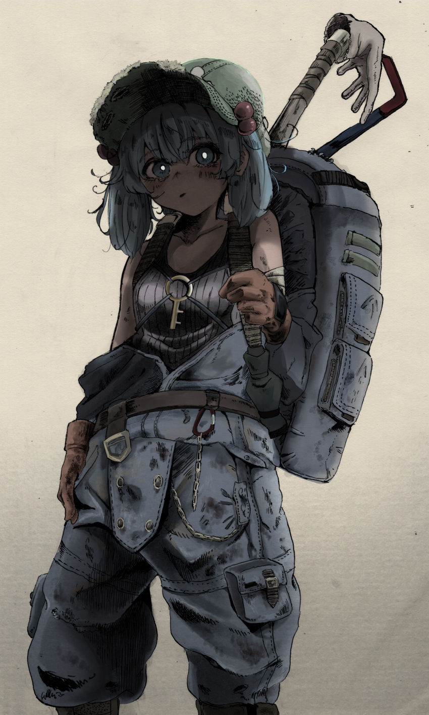 1girl absurdres backpack bag belt blue_eyes bright_pupils brown_gloves chains crowbar dirty dirty_clothes gloves green_hat hair_bobbles hair_ornament hat highres kawashiro_nitori key looking_at_viewer mechanical_arm messy_hair overalls pocket solo standing touhou two_side_up white_gloves yuu_yuu910
