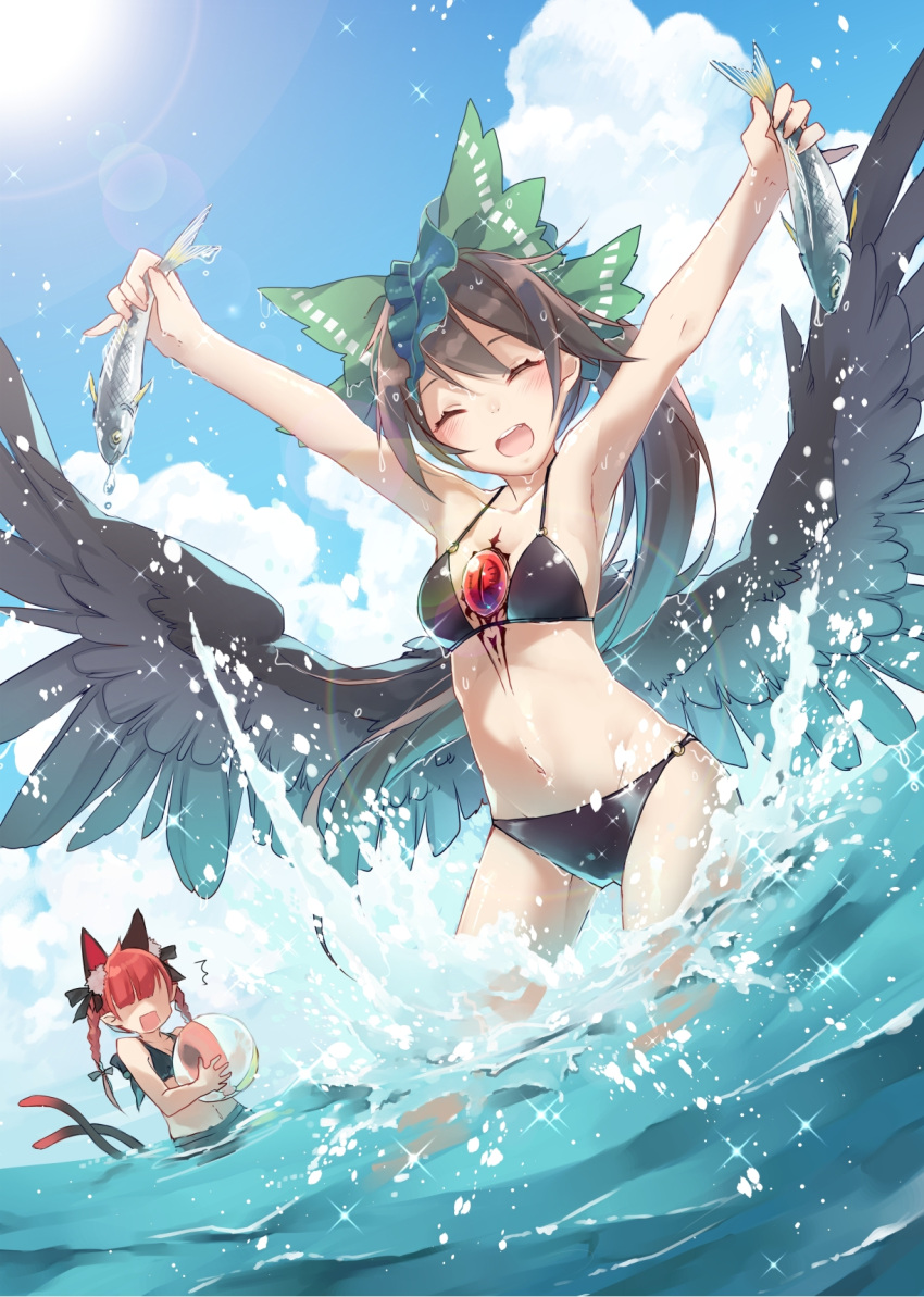 2girls animal_ears armpits arms_up ball beachball bikini bird_wings black_bikini black_bow black_wings blue_sky bow braid breasts brown_hair cat_ears cat_tail cleavage clouds cloudy_sky commentary_request day feathered_wings fish green_bow halter_top halterneck highres holding holding_ball kaenbyou_rin long_hair medium_breasts multiple_girls navel o-ring_bikini o-ring_bottom ocean open_mouth outdoors outstretched_arms pointy_ears redhead reiuji_utsuho sky smile sparkle stomach summer swimsuit tail tattoo third_eye touhou toutenkou twin_braids wading water wet wet_hair wings