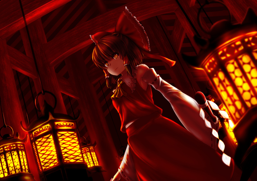 1girl arms_at_sides ascot bangs bare_shoulders bow brown_eyes brown_hair closed_mouth cowboy_shot detached_sleeves frilled_shirt_collar frills frown gohei hair_bow hair_tubes hakurei_reimu indoors lantern long_sleeves looking_at_viewer luke_(kyeftss) nontraditional_miko red_bow red_shirt red_skirt ribbon-trimmed_sleeves ribbon_trim shirt short_hair skirt skirt_set sleeveless sleeveless_shirt solo touhou wavy_mouth wide_sleeves