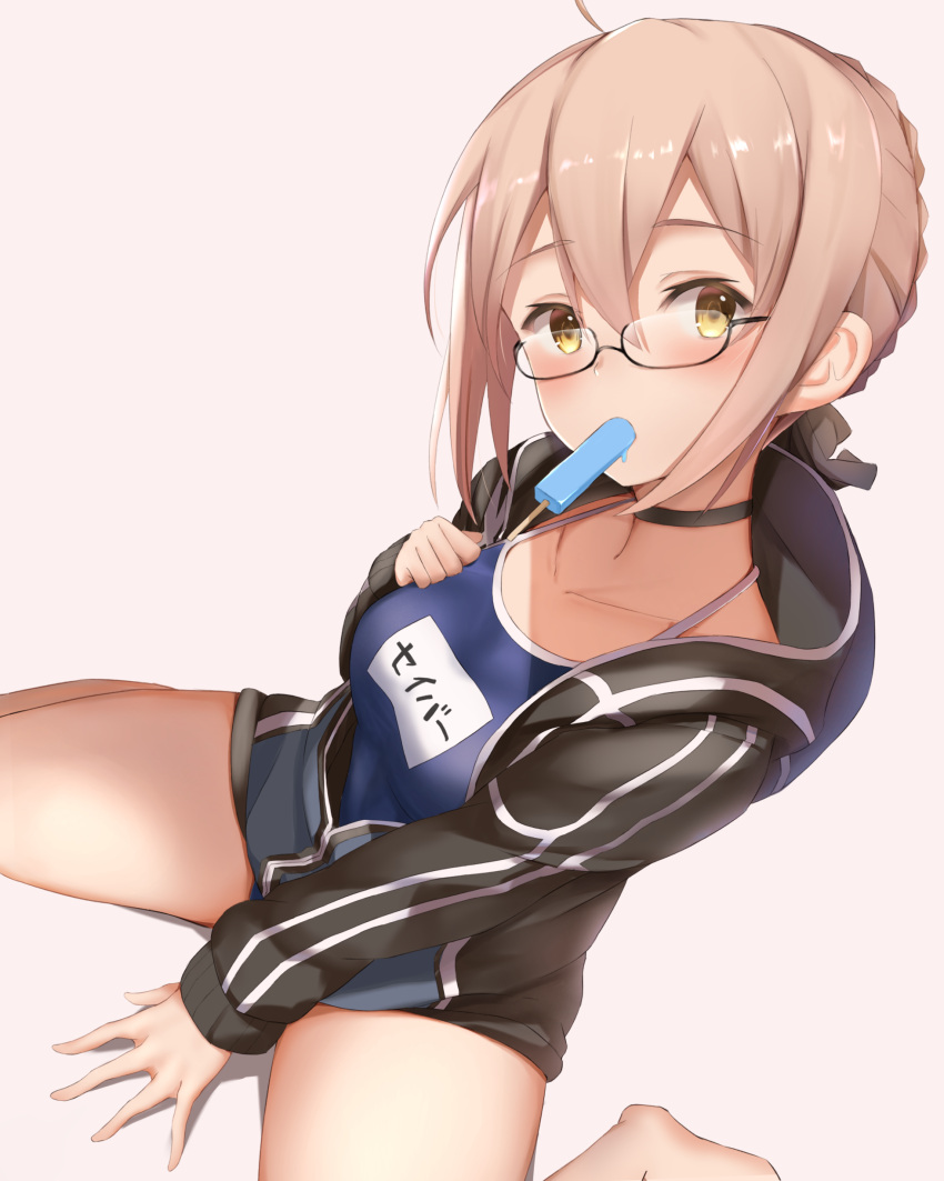 1girl absurdres artoria_pendragon_(all) bangs barefoot between_legs blush braid brown_hair fate_(series) food french_braid hair_between_eyes hand_between_legs highres hood hooded_track_jacket jacket looking_at_viewer maosame mouth_hold mysterious_heroine_x_(alter) name_tag one-piece_swimsuit open_clothes open_jacket open_track_jacket popsicle school_swimsuit sidelocks sitting solo swimsuit thighs track_jacket wariza yellow_eyes