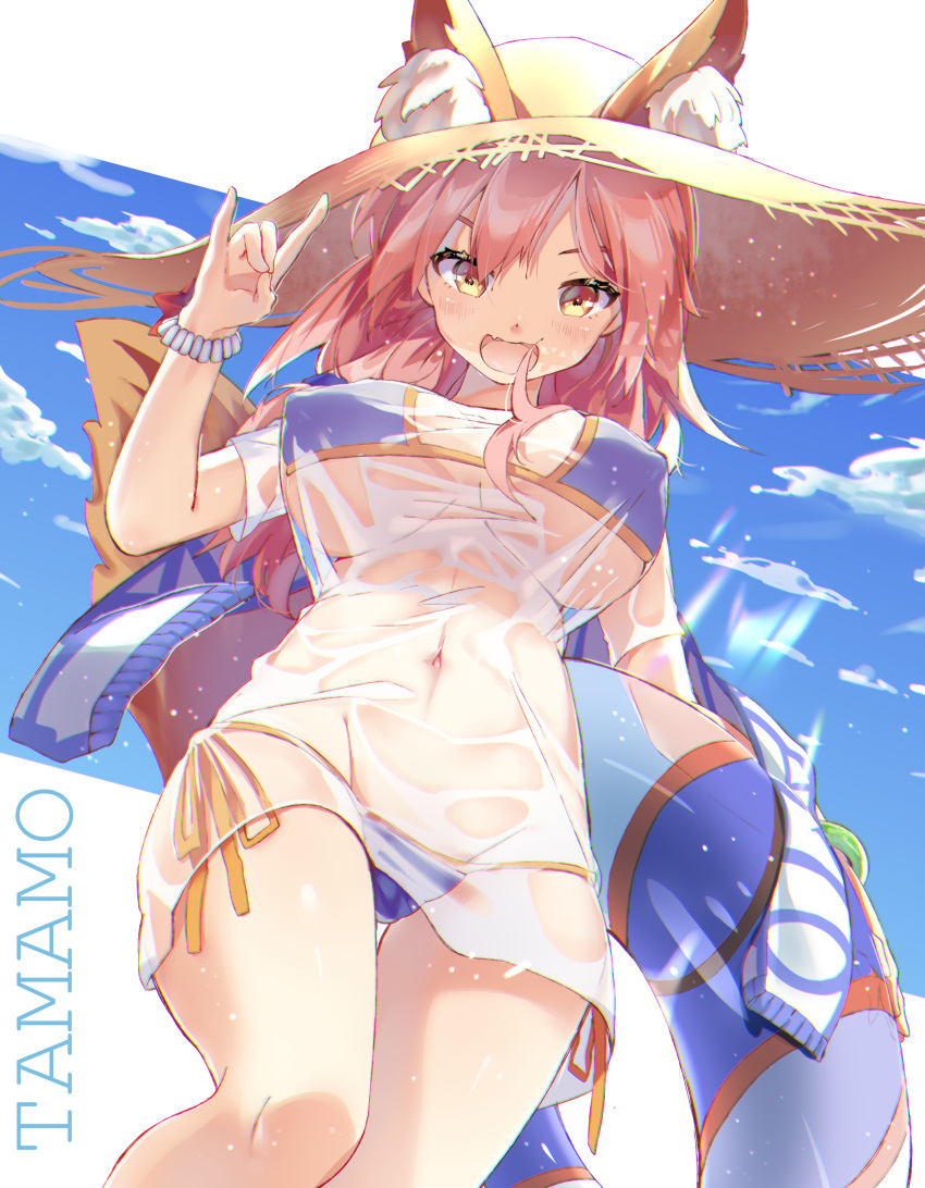 1girl :d absurdres animal_ears bikini blue_bikini blue_sky bracelet breasts breasts_apart character_name commentary day erect_nipples fang fate/grand_order fate_(series) fox_ears fox_tail from_below g-buri hat highres innertube jewelry large_breasts long_hair looking_at_viewer looking_down navel open_mouth pink_hair see-through shirt side-tie_bikini sky smile solo sun_hat swimsuit t-shirt tail tamamo_(fate)_(all) tamamo_no_mae_(swimsuit_lancer)_(fate) thigh_gap under_boob wet wet_clothes wet_shirt wet_t-shirt yellow_eyes