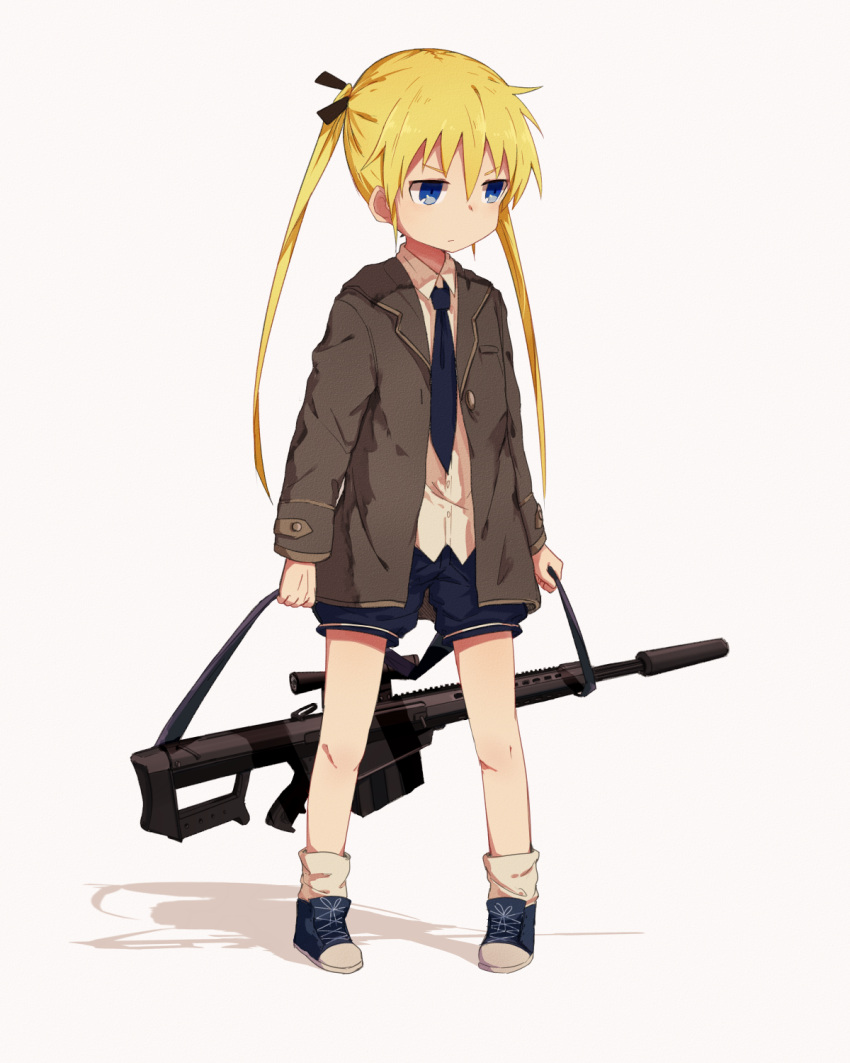 1girl alice_(openhexagon) black_ribbon blonde_hair blue_eyes blue_necktie eyebrows_visible_through_hair full_body gun hair_ribbon highres holding holding_gun holding_weapon kill_me_baby long_hair looking_away necktie ribbon solo sonya_(kill_me_baby) twintails weapon