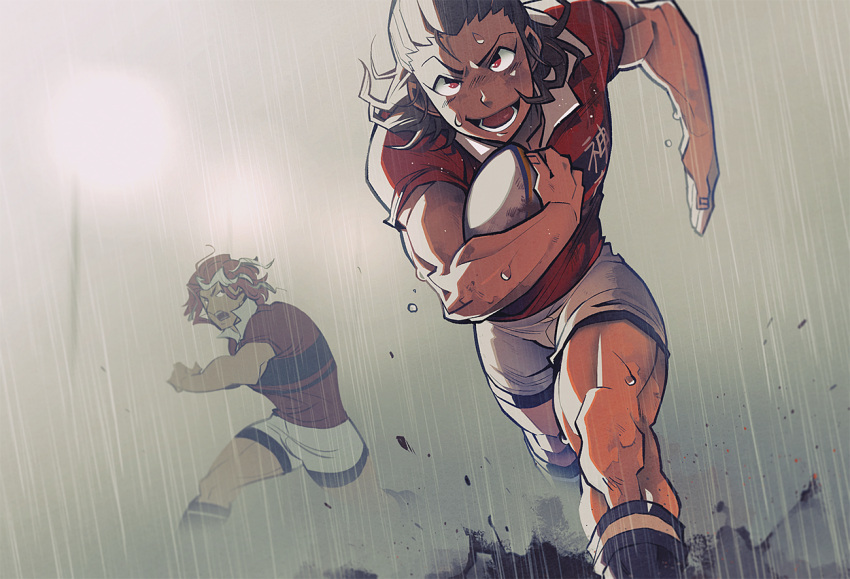 &gt;:d 2boys :d all_out!! brown_hair carrying carrying_under_arm dark_skin dark_skinned_male hair_slicked_back knees looking_at_another male_focus motojima_hakka mud multicolored_hair multiple_boys muscle noka_taihei open_mouth rain red_eyes redhead rugby_ball rugby_uniform running sekizan_takuya shorts smile sportswear streaked_hair uniform white_shorts