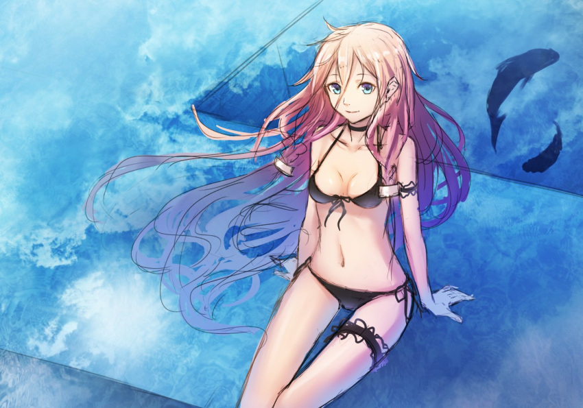 1girl arm_garter bikini black_bikini black_bikini_bottom black_bikini_top black_choker blue_eyes breasts commentary_request feet_out_of_frame fish garters hair_between_eyes long_hair looking_at_viewer medium_breasts navel original pink_hair reflection sitting sketch smile solo sugi_214 swimsuit thigh_gap very_long_hair