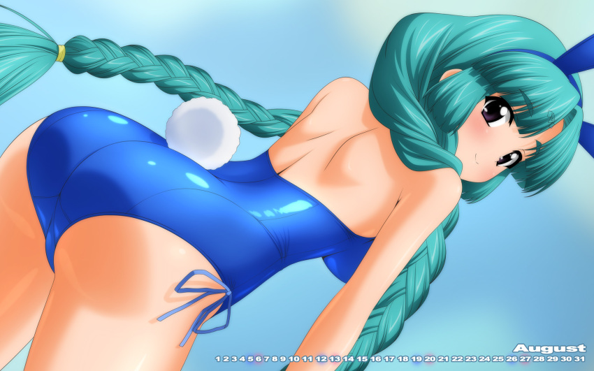 1girl aqua_hair ass august blue_background blue_leotard blush braid breasts bunny_girl bunny_tail calendar canal_vorfeed cleavage cowboy_shot detached_collar detached_sleeves facial_mark forehead_mark green_hair highres large_breasts leotard long_hair looking_at_viewer looking_back lost_universe shiny shiny_clothes shiny_hair shiny_skin simple_background smile solo sugimura_tomokazu tail twin_braids violet_eyes
