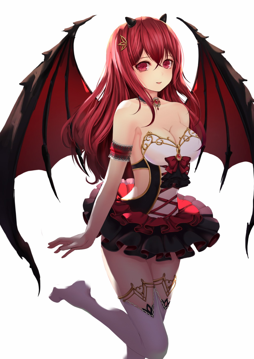 1girl :d absurdres arm arm_at_side arm_behind_back arm_garter bare_arms bare_shoulders black_wings blush breasts cleavage demon_girl demon_wings dress female frilled_dress frills gem hair_between_eyes hair_ornament highres horns jewelry large_breasts legs long_hair looking_at_viewer matching_hair/eyes mellozzo neck necklace open_mouth original red_eyes redhead ruby_(stone) shade short_dress smile solo standing standing_on_one_leg strapless strapless_dress thigh-highs white_background white_legwear wings