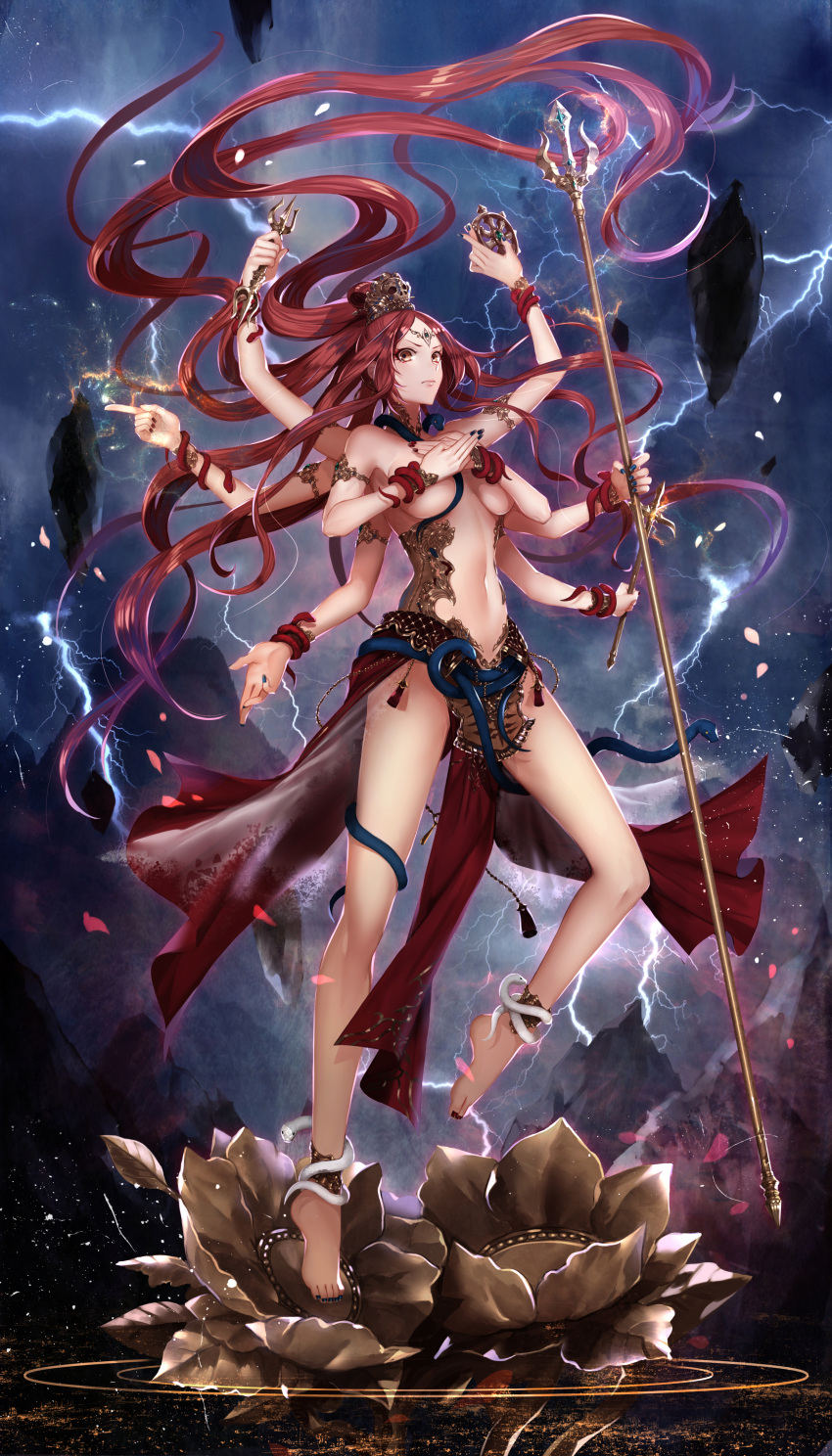 &gt;:( 1girl absurdres apt armlet armpits breasts brown_eyes closed_mouth covering covering_breasts crown floating_hair forehead_jewel full_body highres holding holding_weapon huge_filesize leg_up lightning lily_pad long_hair looking_at_viewer medium_breasts monster_girl multiple_arms mythology nail_polish navel original pelvic_curtain polearm redhead revealing_clothes snake solo standing stomach trident very_long_hair weapon