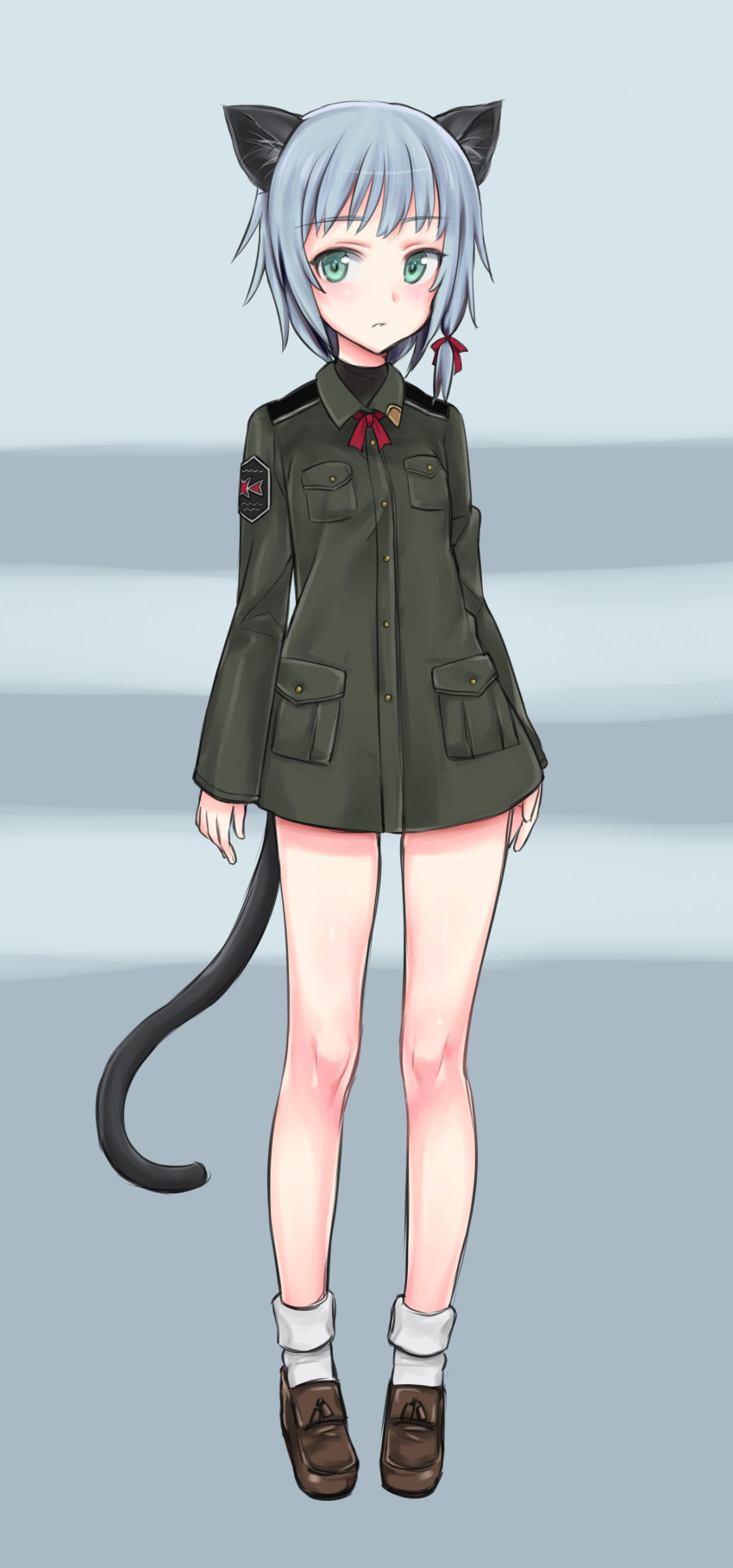 1girl absurdres amefre bangs black_shirt blue_hair brown_shoes commentary_request emblem epaulettes eyebrows_visible_through_hair full_body green_eyes green_jacket hair_ribbon highres jacket loafers looking_at_viewer military military_uniform no_pants original parted_lips red_ribbon ribbon shirt shoes short_hair socks solo standing uniform white_legwear world_witches_series