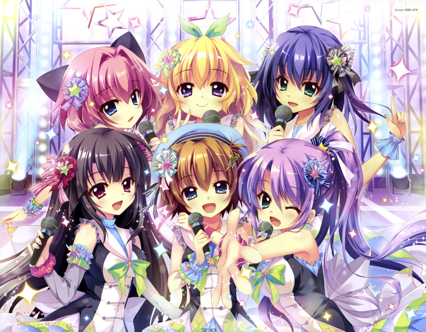 6+girls absurdres artist_name bangs black_hair blonde_hair blue_eyes blue_hair blush bow bowtie breasts brown_hair eyebrows_visible_through_hair fang frills green_eyes hair_ornament hairclip hasegawa_mii hat highres hiiragi_kae holding holding_microphone honjou_kasumi ichikishima_mizuha izumi_tsubasu long_hair looking_at_viewer medium_breasts microphone multiple_girls official_art one_eye_closed outstretched_hand purple_hair re:stage! red_eyes scan shikimiya_mana short_hair sleeveless smile sparkle stage tsukisaka_sayu v