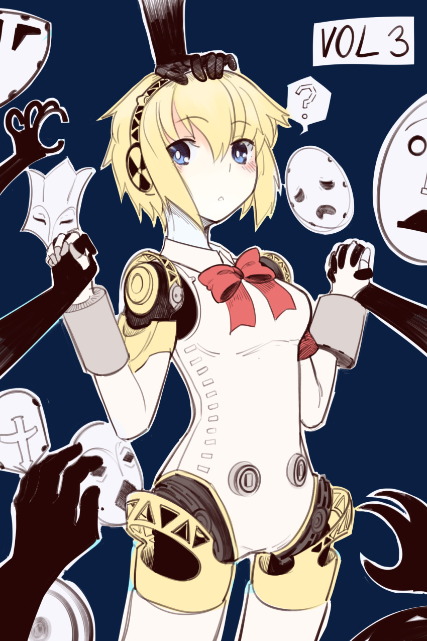 1girl :o ? aegis_(persona) android blonde_hair blue_background blue_eyes blush boa_(4chan) breasts cowboy_shot disembodied_limb groping_motion hairband hand_on_another's_head highres interlocked_fingers mask medium_breasts monochrome_background open_mouth persona persona_3 petting radiation_symbol red_ribbon ribbon short_hair simple_background speech_bubble spoken_question_mark standing