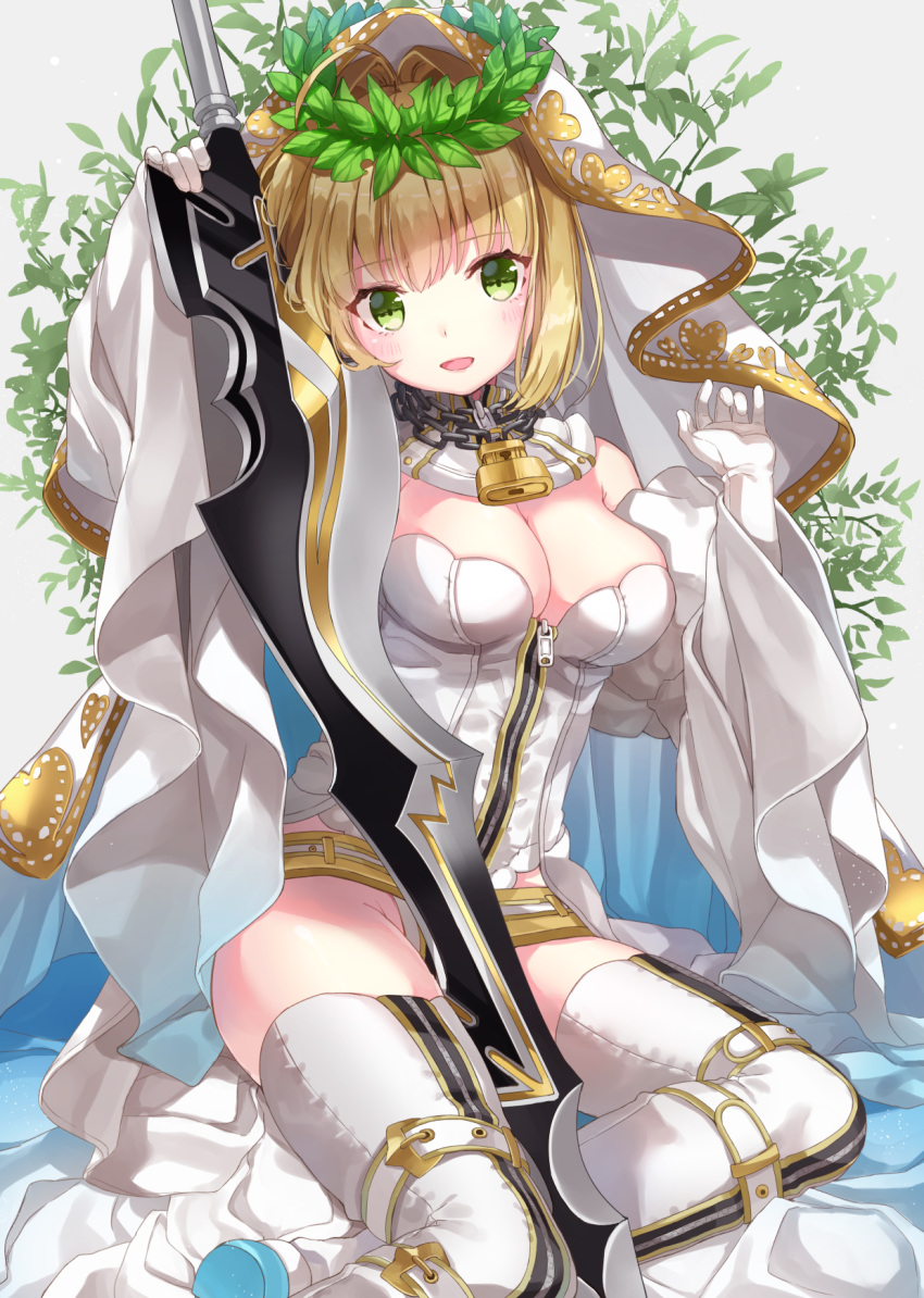 1girl aestus_estus ahoge blonde_hair breasts chains cleavage fate/extra fate/extra_ccc fate_(series) gloves green_eyes highres jimmy laurel_crown lock looking_at_viewer medium_breasts open_mouth padlock saber_bride saber_extra short_hair smile solo sword thigh-highs veil weapon white_gloves white_legwear