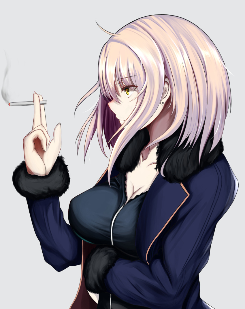 1girl bangs black_jacket breast_hold breasts cigarette cleavage closed_mouth collarbone ear_piercing fate/grand_order fate_(series) from_side fur_trim highres jacket jeanne_alter large_breasts long_sleeves looking_away open_clothes open_jacket pale_skin piercing profile ruler_(fate/apocrypha) silver_hair solo yami_kyon_oov yellow_eyes