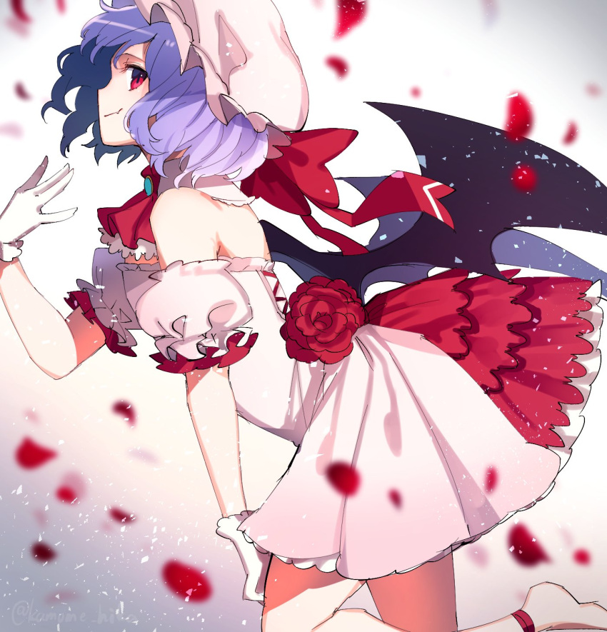 1girl bare_shoulders bat_wings brooch cravat detached_collar dress fang_out gloves highres jewelry kneeling lavender_hair leaning_forward petals pink_dress profile red_eyes red_ribbon remilia_scarlet ribbon rose_petals shibuki_kamone smile solo touhou white_gloves wings