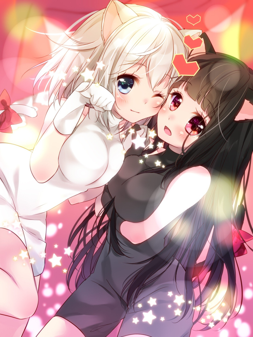 2girls :d ;) animal_ears bangs bare_shoulders black_bodysuit black_hair blue_eyes blush bodysuit bow breast_hold breasts cat_ears cat_girl cat_tail closed_mouth cowboy_shot dress eyebrows_visible_through_hair eyelashes face-to-face gloves hand_holding hand_up hands_together heart highres hinamori_mayuri interlocked_fingers large_breasts leg_up long_hair looking_at_viewer medium_breasts multiple_girls one_eye_closed one_leg_raised open_mouth original paw_pose red_bow red_eyes short_dress short_hair skin_tight smile standing standing_on_one_leg tail tail_bow turtleneck white_dress white_hair
