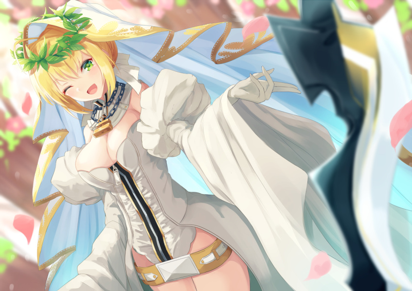 1girl ;d aestus_estus ahoge belt blonde_hair blurry braid breasts bridal_veil chains cleavage commentary_request cowboy_shot depth_of_field detached_collar detached_sleeves dutch_angle fate/extra fate/extra_ccc fate_(series) french_braid gloves green_eyes igakusei large_breasts leotard lock looking_at_viewer one_eye_closed open_mouth outstretched_arm petals saber_bride saber_extra short_hair smile solo sword veil weapon white_gloves white_leotard wide_sleeves wreath zipper
