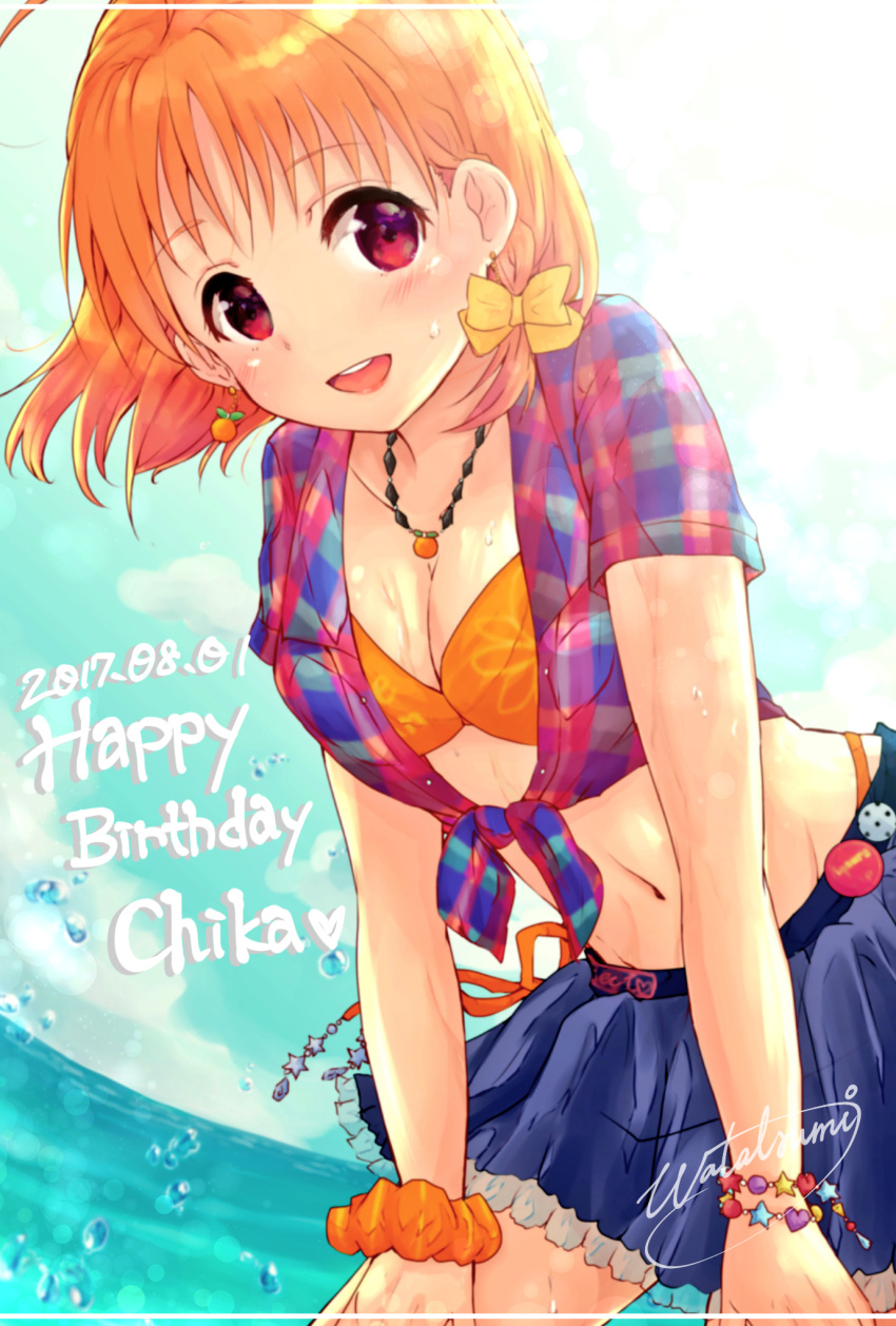 10s :d artist_request bangs bikini blue_skirt bow bracelet braid character_name commentary_request dated earrings food_themed_earrings front-tie_top hair_bow hands_on_legs happy_birthday highres jewelry leaning_forward looking_at_viewer love_live! love_live!_sunshine!! midriff navel necklace ocean open_mouth orange_bikini orange_earrings orange_hair orange_scrunchie red_eyes scrunchie shirt short_hair side_braid signature skirt smile swimsuit swimsuit_under_clothes takami_chika tied_shirt water_drop wet wrist_scrunchie yellow_bow