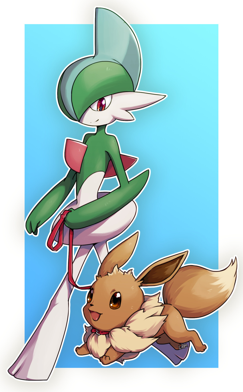 :d artist_name blue_background brown_eyes eevee gallade highres lbm_(4chan) leash no_humans open_mouth pokemon pokemon_(creature) red_eyes smile