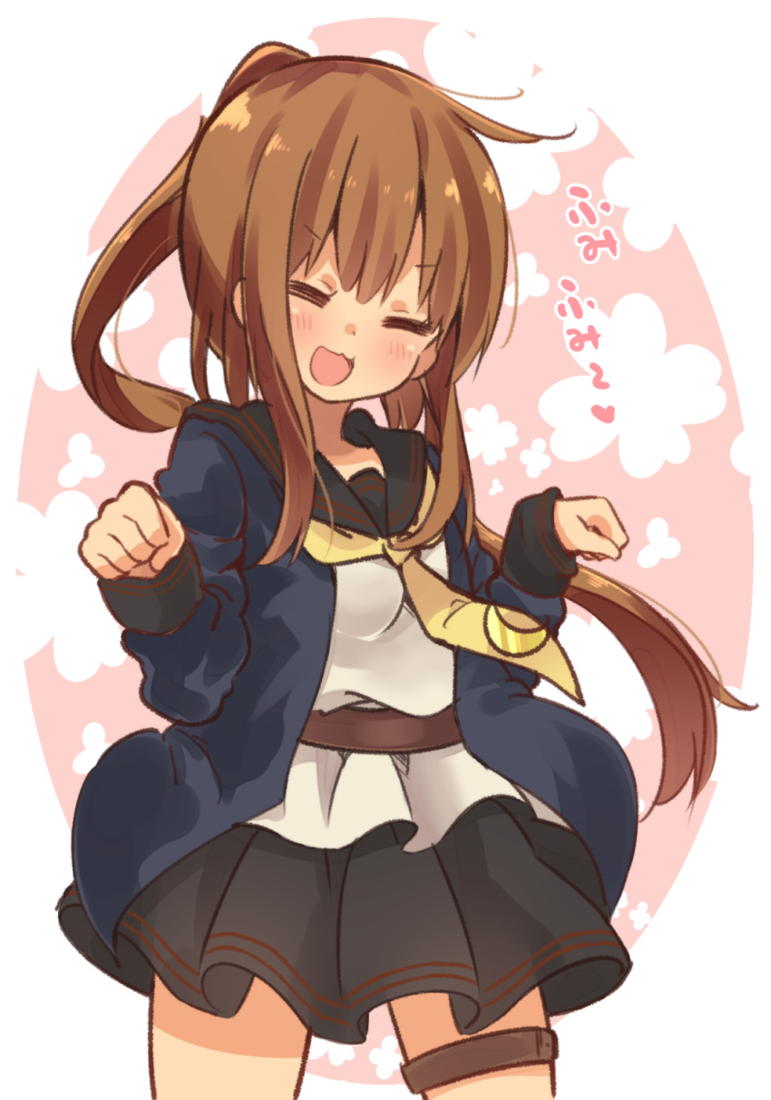 1girl :3 black_jacket black_sailor_collar black_skirt blush brown_hair cardigan clenched_hands fumizuki_(kantai_collection) heart highres jacket kantai_collection long_hair long_sleeves neckerchief open_mouth pleated_skirt ponytail remodel_(kantai_collection) sailor_collar school_uniform serafuku skirt smile solo suzuki_toto translation_request yellow_neckerchief
