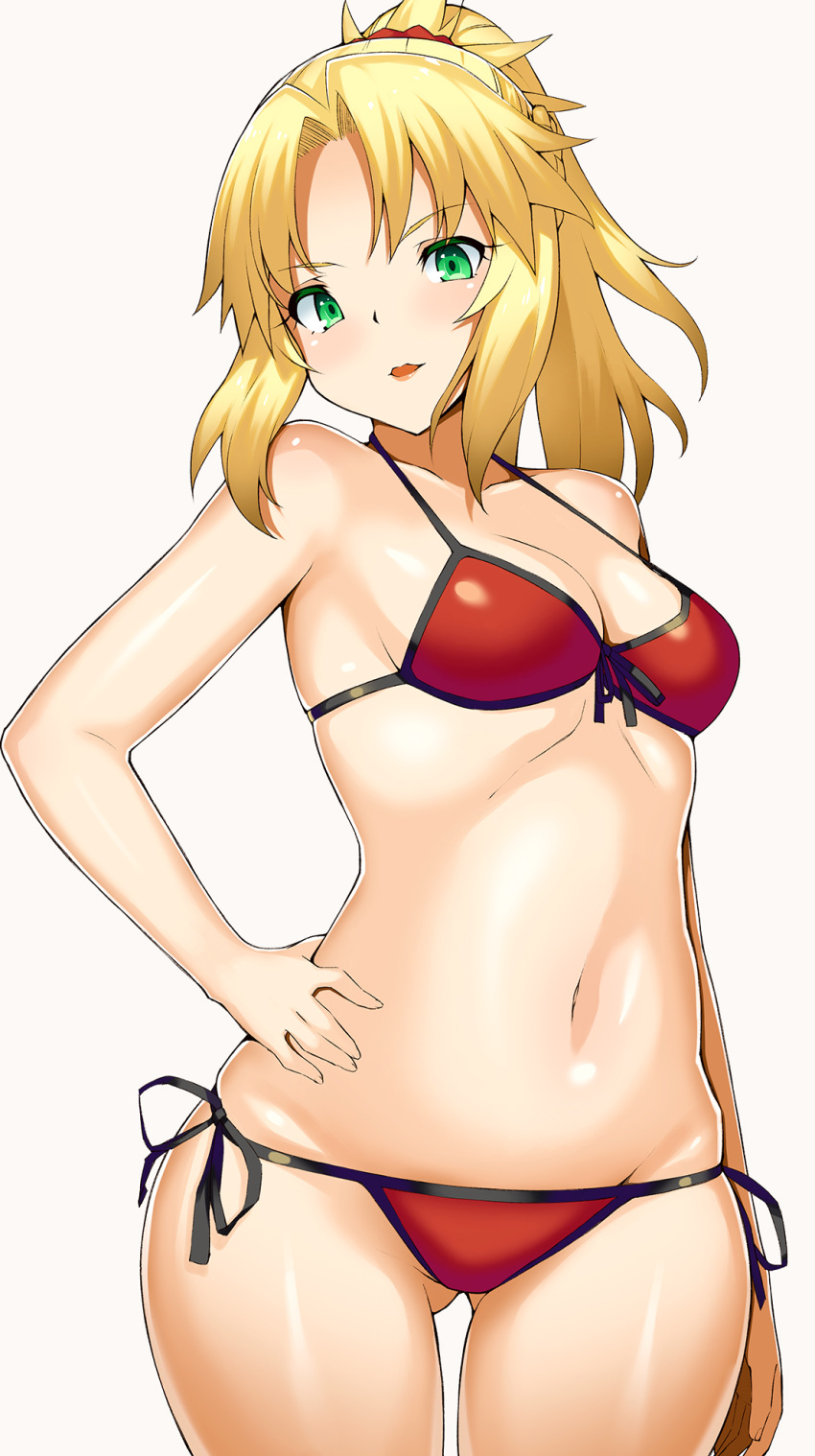 1girl bikini blonde_hair cowboy_shot fate/apocrypha fate/grand_order fate_(series) front-tie_top green_eyes hand_on_hip highres looking_at_viewer mordred_(swimsuit_rider)_(fate) navel ponytail red_bike_shorts saber_of_red side-tie_bikini simple_background standing swimsuit tear_tear0320 white_background
