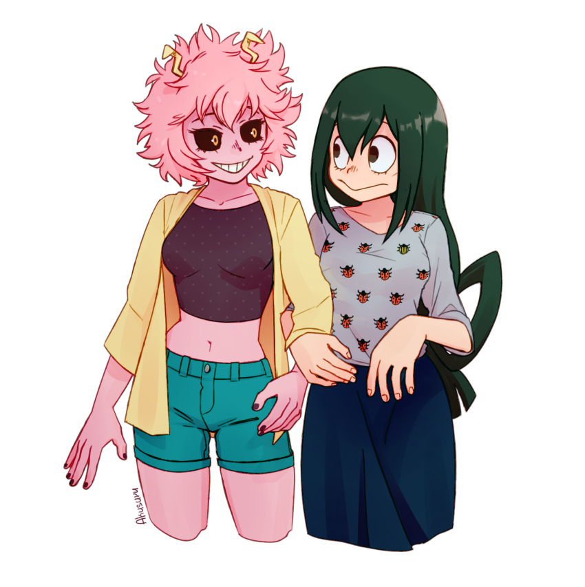 2girls :d alternate_costume ashido_mina asui_tsuyu black_sclera boku_no_hero_academia breasts cardigan casual frog_girl green_hair highres holding_arm horns long_hair long_sleeves looking_at_another midriff multiple_girls navel open_clothes open_mouth pink_hair short_hair shorts smile teeth yellow_eyes