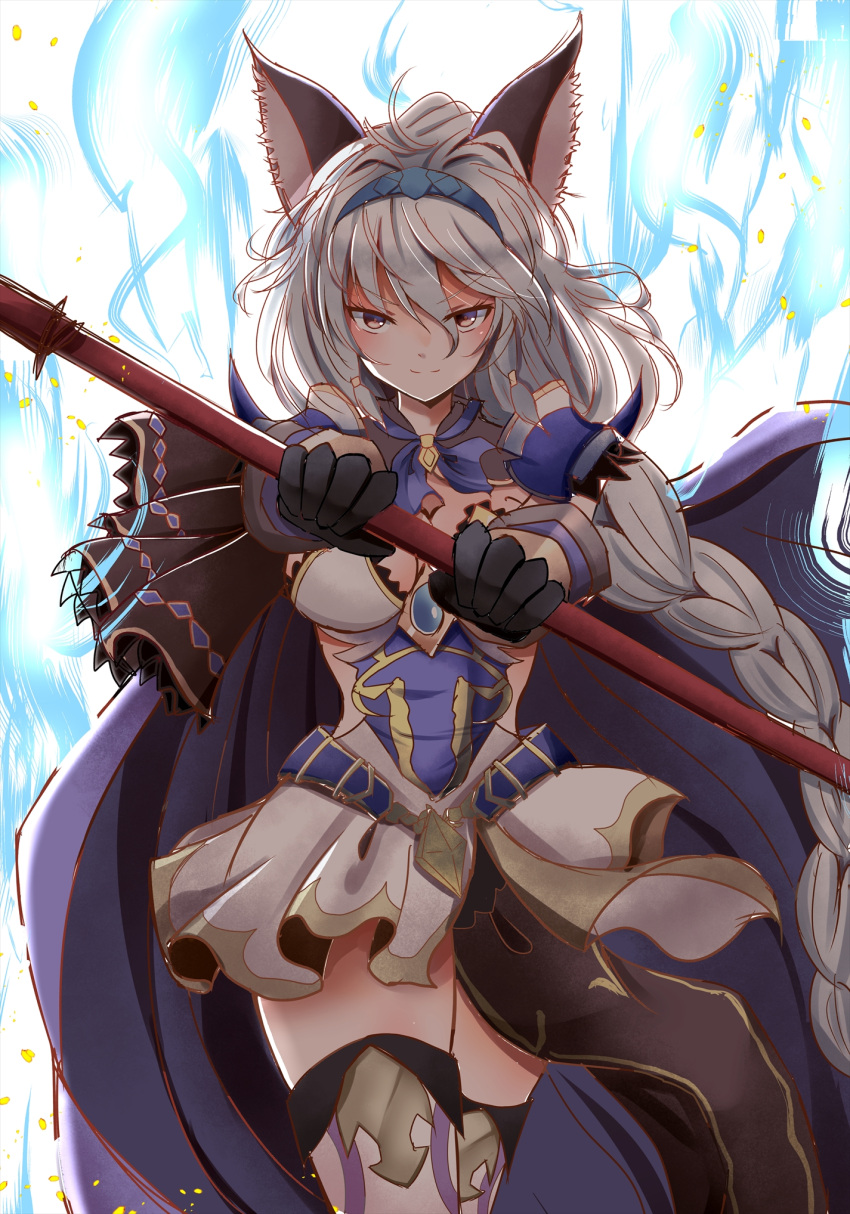 &gt;:) 1girl animal_ears armor armored_dress bangs blush braid breasts brown_eyes cape cat_ears cleavage closed_mouth cowboy_shot dress erun_(granblue_fantasy) granblue_fantasy hair_between_eyes hair_intakes hair_tubes hairband heles highres holding holding_weapon indo_(mdtanaka2007) long_hair looking_at_viewer medium_breasts short_dress silver_hair single_braid smile solo thigh-highs very_long_hair weapon white_dress