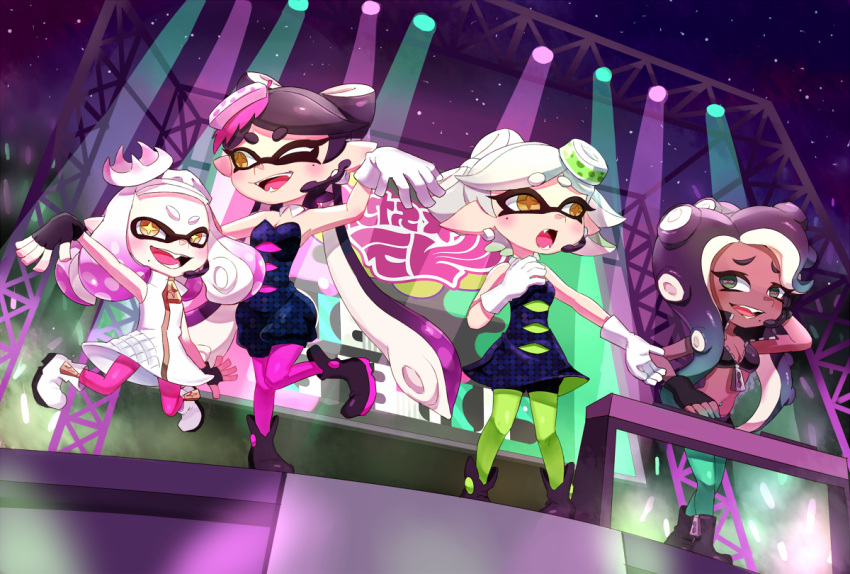4girls callie_(splatoon) concert fangs fingerless_gloves gloves glowstick headset jumping looking_at_viewer marie_(splatoon) marina_(splatoon) microphone midriff mole mole_under_eye multiple_girls navel night night_sky open_mouth pantyhose pearl_(splatoon) pointy_ears riko_(sorube) splatoon splatoon_2 stage stage_lights symbol-shaped_pupils tentacle_hair white_gloves zipper zipper_pull_tab