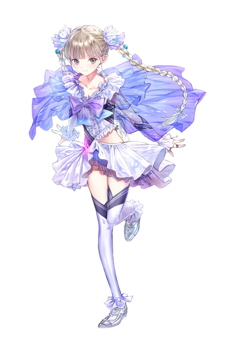 1girl absurdres bangs blue_reflection braid brown_eyes brown_hair capelet collarbone dress elbow_gloves frills full_body gloves hair_ornament highres jewelry kishida_mel long_hair looking_at_viewer magical_girl official_art one_leg_raised ribbon ring scan see-through shijou_yuzuki short_dress simple_background smile solo thigh-highs twin_braids twintails white_background