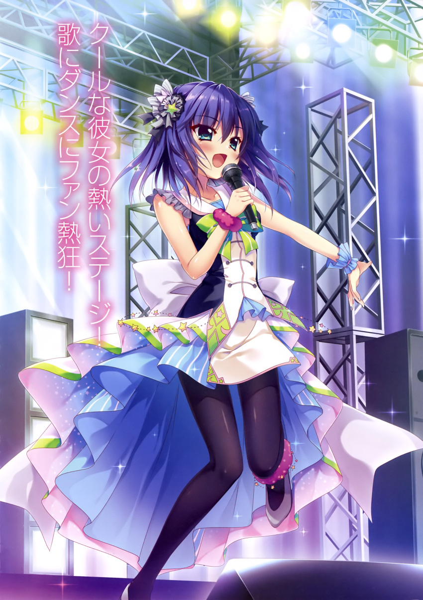 1girl absurdres bangs blue_eyes blue_hair blush breasts collarbone dress eyebrows_visible_through_hair hair_ornament high_heels highres holding honjou_kasumi izumi_tsubasu looking_away medium_breasts microphone official_art one_leg_raised open_mouth pantyhose re:stage! short_dress short_hair skirt sleeveless smile sparkle stage stage_lights wrist_cuffs