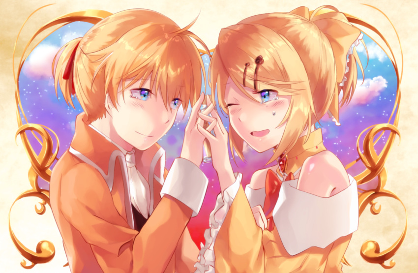 1boy 1girl allen_avadonia bare_shoulders blonde_hair blue_eyes blush bow brother_and_sister brown_blazer choker cravat crying crying_with_eyes_open dress evillious_nendaiki eye_contact hair_bow hair_ribbon hand_holding interlocked_fingers jacket kagamine_len kagamine_rin looking_at_another mipi one_eye_closed open_mouth ribbon riliane_lucifen_d'autriche ruffled_sleeves short_ponytail siblings sky smile star_(sky) starry_sky tears twilight twins updo vocaloid yellow_jacket