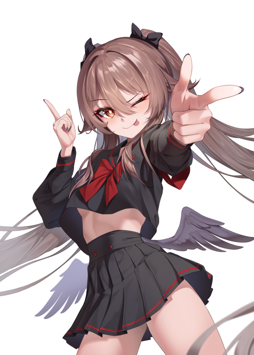 1girl ;p black_bow black_nails black_sailor_collar black_serafuku black_shirt black_skirt black_wings blue_archive bow breasts brown_hair cosplay crop_top feathered_wings finger_gun genshin_impact hair_bow highres hu_tao_(genshin_impact) long_hair long_sleeves looking_at_viewer low_wings mashiro_(blue_archive) mashiro_(blue_archive)_(cosplay) medium_breasts midriff miniskirt neckerchief no_bra one_eye_closed orange_eyes pleated_skirt pointing pointing_at_viewer red_neckwear sailor_collar school_uniform serafuku shirt simple_background skirt solo symbol-shaped_pupils tongue tongue_out twintails under_boob very_long_hair white_background wings