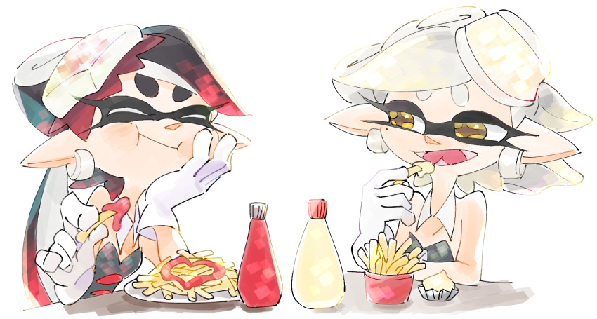 2girls aori_(splatoon) black_hair domino_mask eating fangs food french_fries highres hotaru_(splatoon) ketchup long_hair mask mayonnaise multiple_girls pointy_ears sitting smile splatoon splatoon_2 tentacle_hair ukata