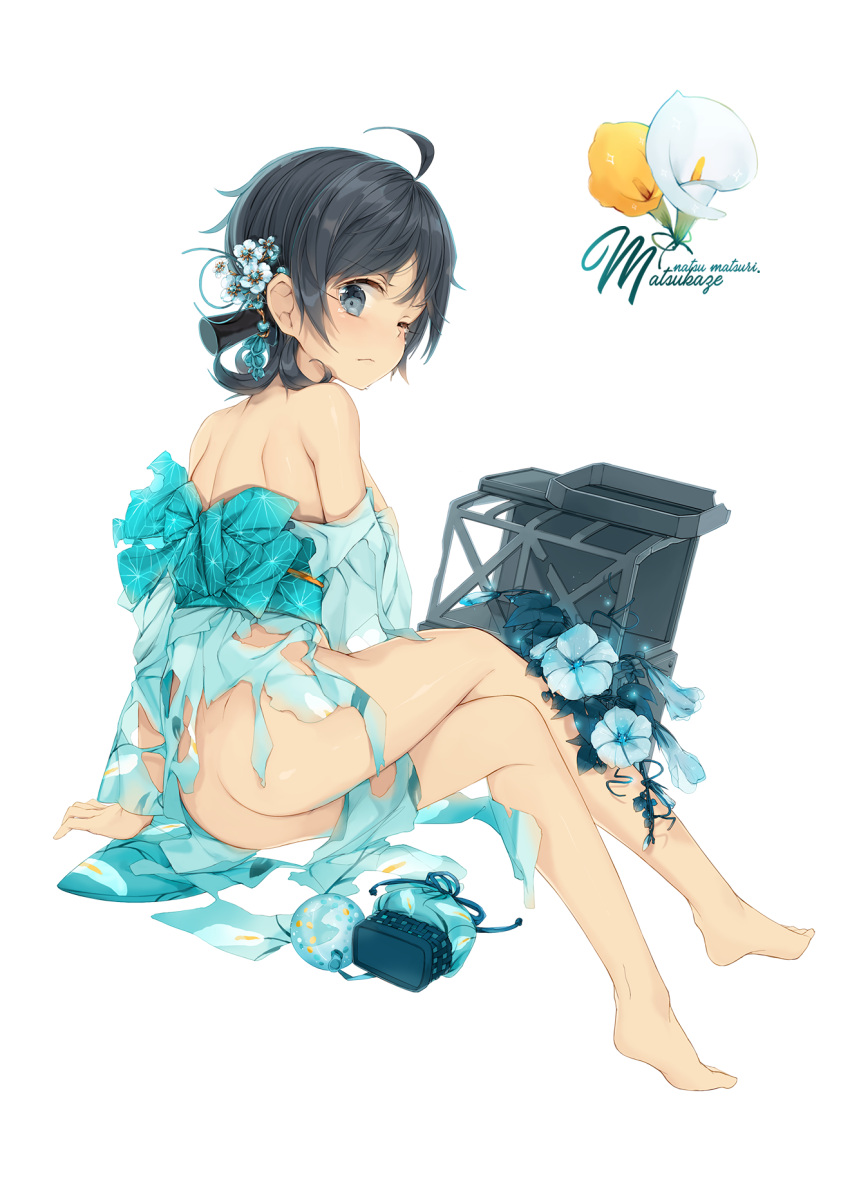 1girl ahoge ass barefoot black_hair blue_eyes blue_flower highres japanese_clothes kantai_collection kimono long_sleeves machinery malachite matsukaze_(kantai_collection) obi one_eye_closed sash short_hair simple_background solo torn_clothes torn_kimono white_background white_flower wide_sleeves yellow_flower yukata