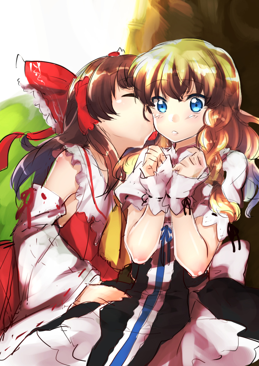 2girls ^_^ blonde_hair blue_eyes blush bow braid brown_hair cheek_kiss clenched_hands closed_eyes detached_sleeves dress fingerless_gloves gloves hair_bow hakurei_reimu hand_on_another's_leg hands_together hands_up hat hat_ribbon highres kirisame_marisa kiss kitasaya_ai long_hair multiple_girls parted_lips ribbon side_braid single_braid surprised touhou wavy_hair white_gloves witch_hat wrist_cuffs yellow_ascot yuri