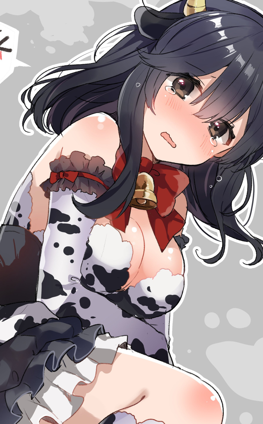 1girl absurdres animal_ears animal_print bangs bell black_hair blush bow bowtie breasts brown_eyes cleavage cow_ears cow_horns cow_print elbow_gloves eyebrows_visible_through_hair gloves grey_background hair_between_eyes highres horns ikeuchi_tanuma kantai_collection long_hair looking_at_viewer medium_breasts open_mouth red_bow red_bowtie sidelocks solo tears thigh-highs ushio_(kantai_collection)