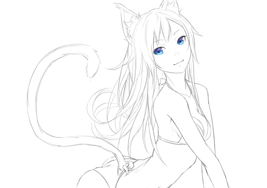 1girl animal_ears arched_back ass bangs bikini blue_eyes breasts cat_ears cat_girl cat_tail cleavage commentary greyscale long_hair looking_at_viewer monochrome original sketch smile solo spot_color sugi_214 swimsuit tail upper_body