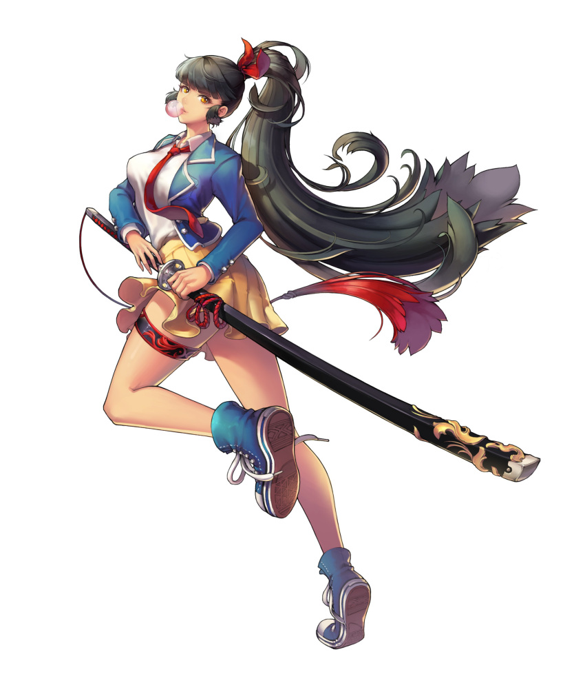 1girl black_hair blue_jacket blue_shoes bow breasts brown_eyes chewing_gum full_body hair_bow highres jacket katana long_hair looking_at_viewer majo medium_breasts necktie ponytail red_bow red_necktie sheath shoes skirt sneakers solo standing standing_on_one_leg sword thigh_strap twisted_torso weapon yellow_skirt