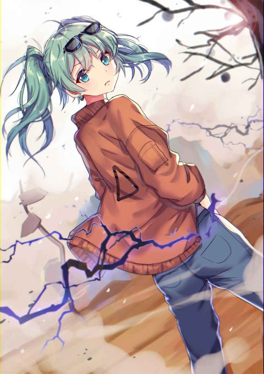 1girl blue_eyes blue_pants brown_jacket dutch_angle earrings floating_hair gejigejier glasses_on_head green_hair hand_in_pocket hatsune_miku highres jewelry long_hair looking_at_viewer looking_back pants solo standing suna_no_wakusei_(vocaloid) tree vocaloid