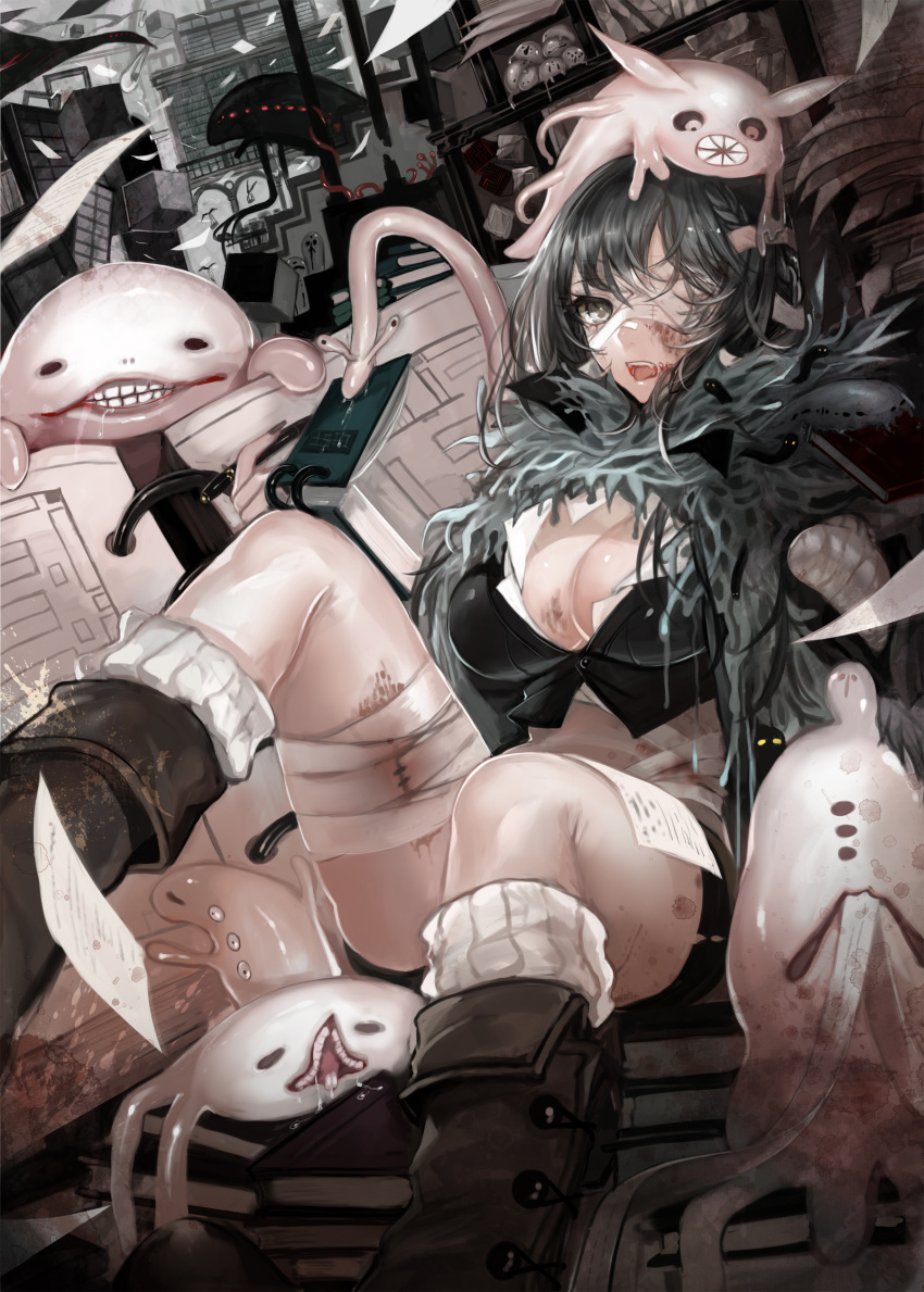 1girl absurdres apt bandage bandage_over_one_eye black_boots black_eyes black_hair black_nails boots breasts cleavage crop_top highres large_breasts looking_at_viewer monster nail_polish open_mouth original paper short_hair sitting