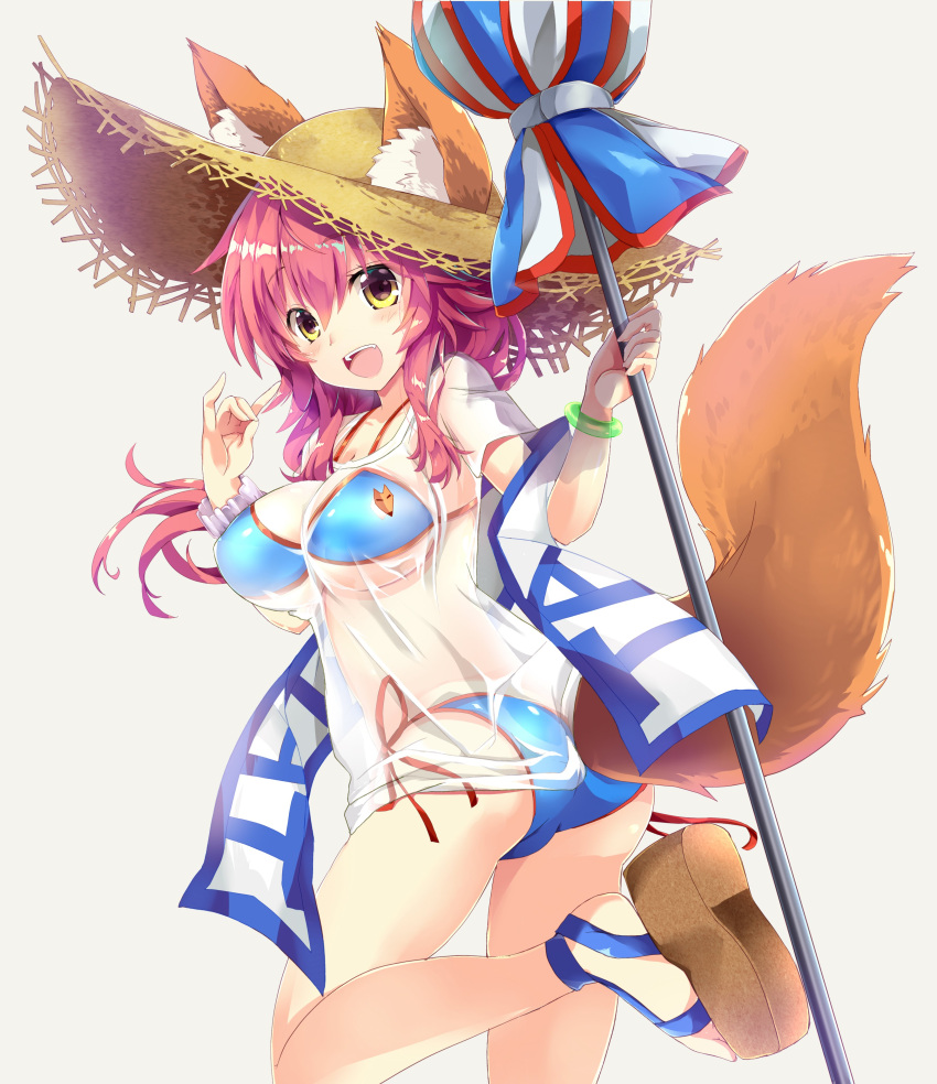 1girl :d absurdres animal_ears bikini blue_bikini bow bracelet breasts cleavage dress eyebrows_visible_through_hair fate/grand_order fate_(series) fox_ears fox_tail grey_background hair_bow hat highres holding jewelry large_breasts long_hair maruchan one_leg_raised open_mouth redhead see-through sideboob simple_background smile solo standing standing_on_one_leg straw_hat swimsuit tail tamamo_(fate)_(all) tamamo_no_mae_(swimsuit_lancer)_(fate) under_boob white_dress yellow_eyes yellow_hat