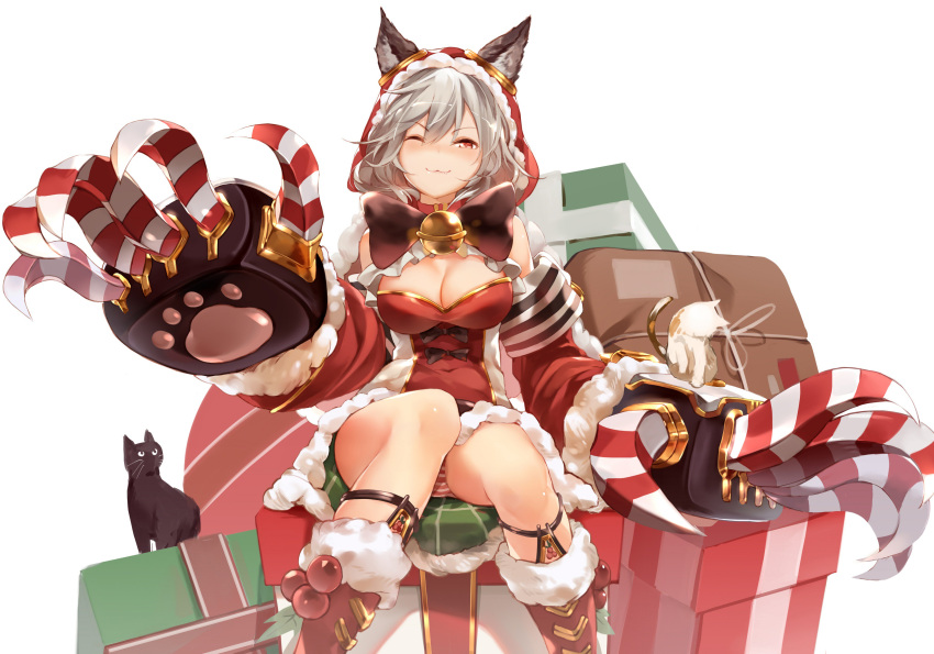 1girl ;3 absurdres animal_ears bell boots bow bowtie box breasts bright_pupils cat claws cleavage collar covered_navel detached_sleeves dress fang_out frill_trim fur_trim gift gift_box granblue_fantasy hair_between_eyes hana_mori highres hood hoodie jingle_bell large_breasts looking_at_viewer panties pantyshot pantyshot_(sitting) pink_eyes red_legwear sen_(granblue_fantasy) short_dress silver_hair sitting solo striped striped_panties underwear