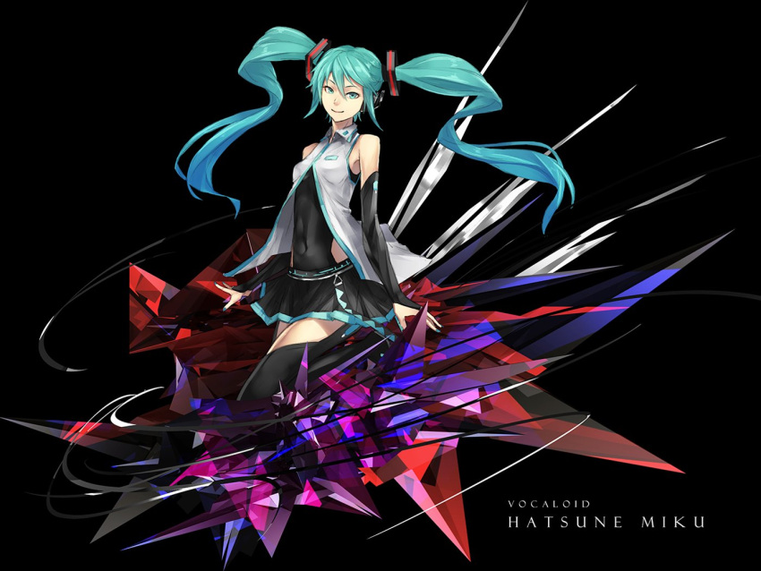 1girl aqua_eyes aqua_hair bare_shoulders black_background boots character_name closed_mouth copyright_name detached_sleeves english full_body hair_ornament hatsune_miku knee_up long_hair looking_at_viewer open_hands pleated_skirt ponytail simple_background skirt sleeveless smile solo standing sugi_214 thigh-highs thigh_boots very_long_hair vocaloid