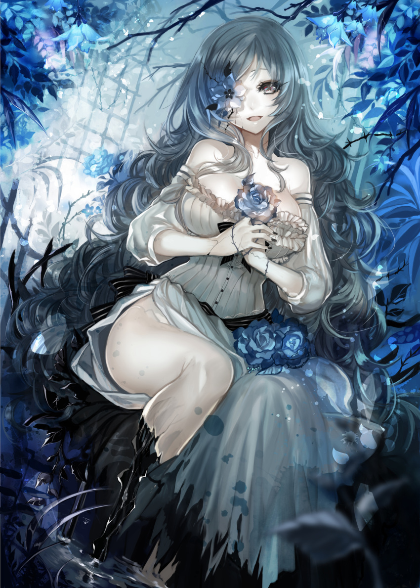 1girl :d absurdres apt bare_shoulders black_eyes black_nails blue_rose breasts detached_sleeves dress flower grey_hair hair_flower hair_ornament hair_over_one_eye highres large_breasts long_hair looking_at_viewer monster_girl nail_polish open_mouth original pale_skin plant_girl rose smile solo very_long_hair wavy_hair white_dress