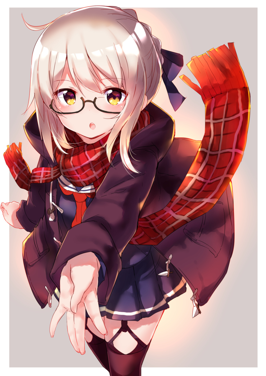 1girl ahoge artoria_pendragon_(all) black-framed_eyewear blonde_hair braid commentary_request fate/grand_order fate_(series) glasses highres keshiks_(keshiksext) long_sleeves looking_at_viewer mysterious_heroine_x_(alter) plaid plaid_scarf red_scarf scarf school_uniform semi-rimless_glasses solo thigh-highs under-rim_glasses yellow_eyes