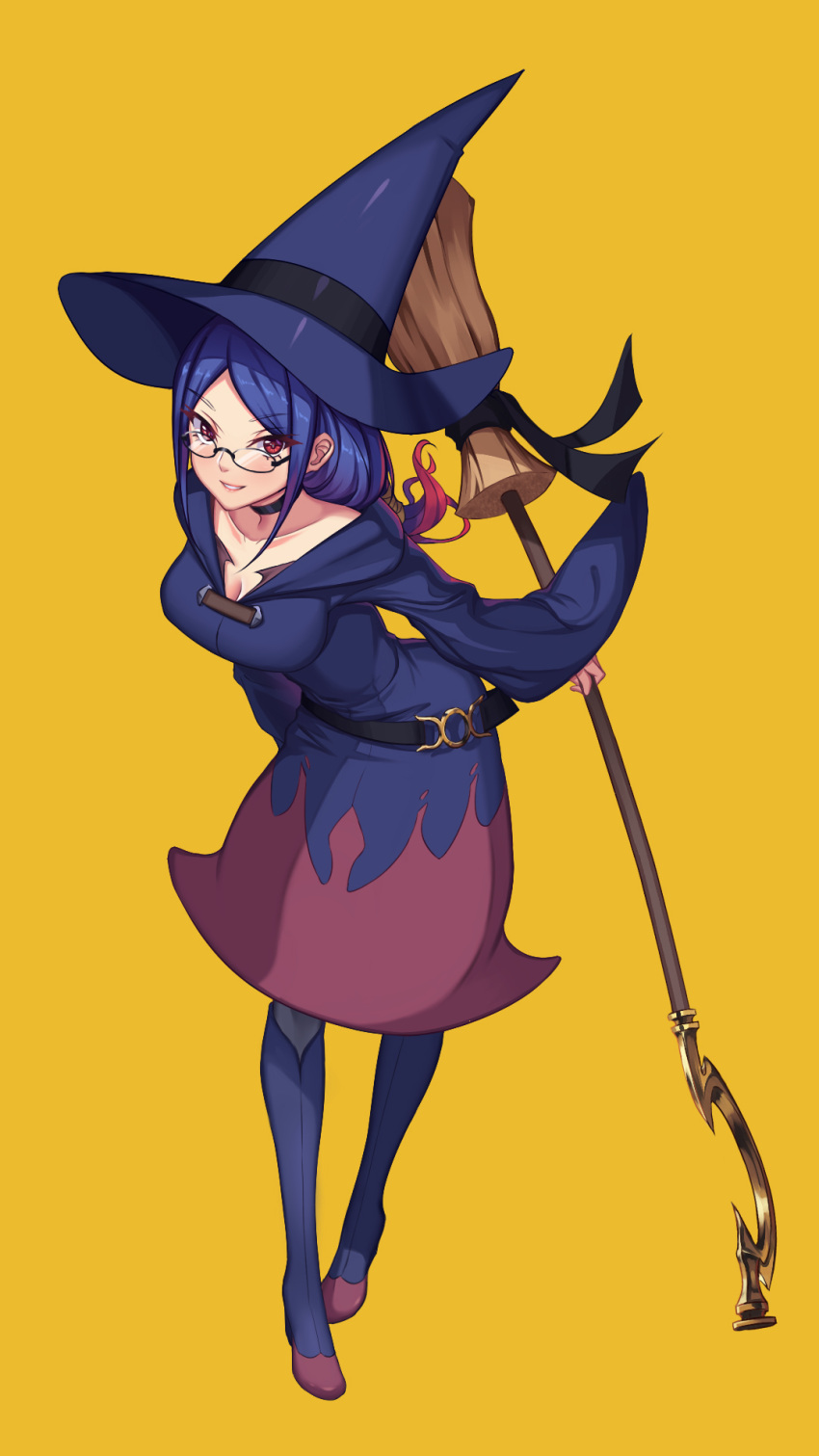 1girl belt black_choker black_legwear black_ribbon blue_boots blue_dress blue_hair blue_hat boots breasts choker cleavage collarbone dress eyebrows_visible_through_hair female full_body glasses gradient gradient_hair grin hat highres knee_boots large_breasts leaning leaning_forward little_witch_academia long_hair long_sleeves looking_at_viewer low-tied_long_hair multicolored multicolored_dress multicolored_hair parted_lips red_eyes redhead ribbon sanbaisoku_ikaros shiny shiny_chariot shiny_clothes simple_background smile solo standing teeth two-tone_hair ursula_charistes wide_sleeves witch_hat yellow_background