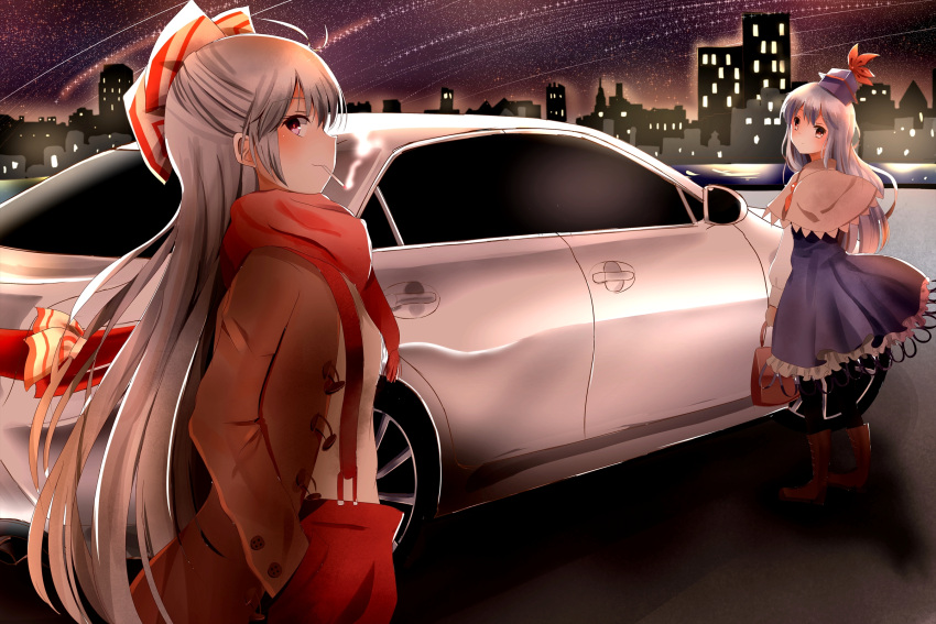 2girls adapted_costume bangs blue_dress blush boots bow brown_boots brown_eyes brown_jacket capelet car cigarette city dress from_side fujiwara_no_mokou ground_vehicle hair_bow hand_in_pocket hat highres indo_(mdtanaka2007) jacket kamishirasawa_keine long_hair long_sleeves looking_at_viewer looking_to_the_side motor_vehicle multiple_girls night night_sky open_clothes open_jacket pants profile red_eyes red_pants shirt silver_hair sky smile smoking star_(sky) starry_sky suspenders touhou very_long_hair white_shirt