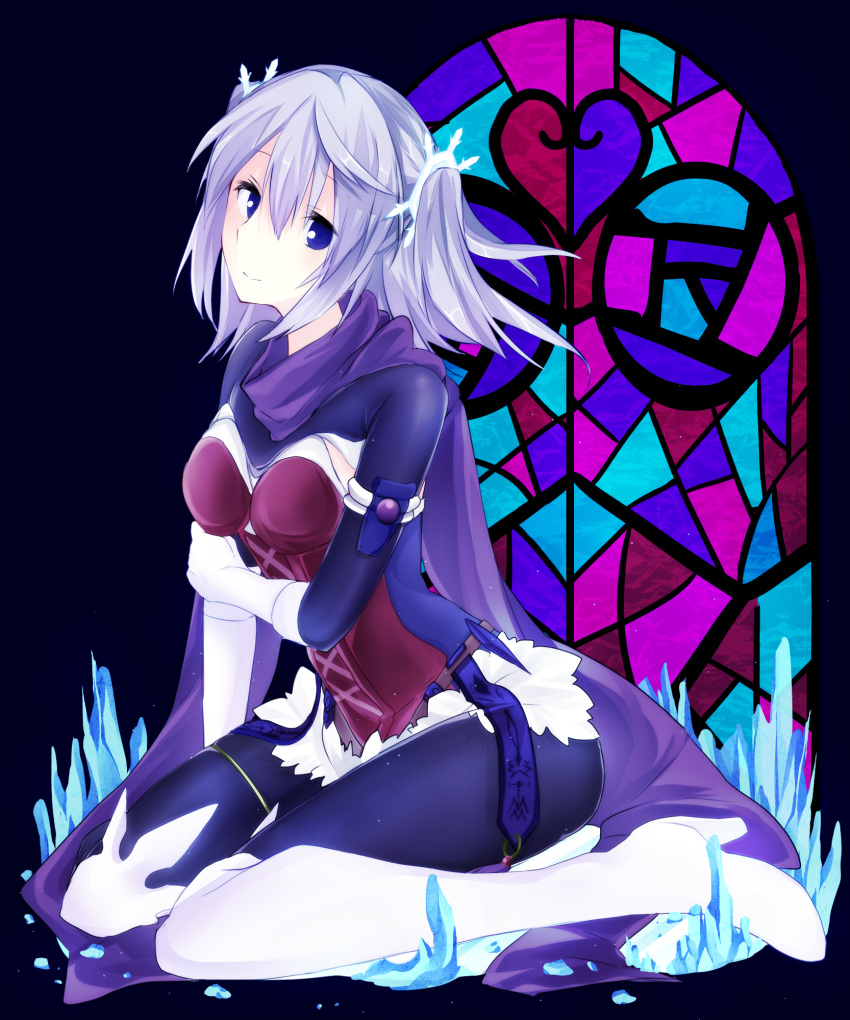 1girl black_bodysuit blue_eyes bodysuit boots breasts chada_atariatama closed_mouth corset dance_princess_of_the_ice_barrier duel_monster from_side full_body gloves hair_between_eyes hair_ornament highres ice lavender_hair looking_at_viewer looking_to_the_side medium_breasts purple_scarf scarf sitting smile snowflake_hair_ornament solo stained_glass wariza white_boots white_gloves yu-gi-oh!