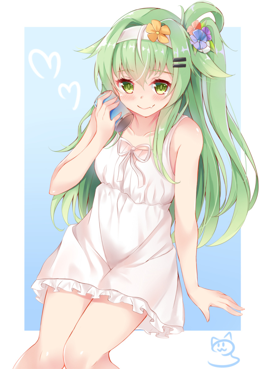 1girl bangs blush borrowed_character can closed_mouth dress eyebrows_visible_through_hair fang flower green_eyes green_hair hair_between_eyes hair_flaps hair_flower hair_ornament hairband hairclip heart highres holding holding_can knees_touching long_hair looking_at_viewer nahaki one_side_up original signature sitting smile solo sundress white_dress