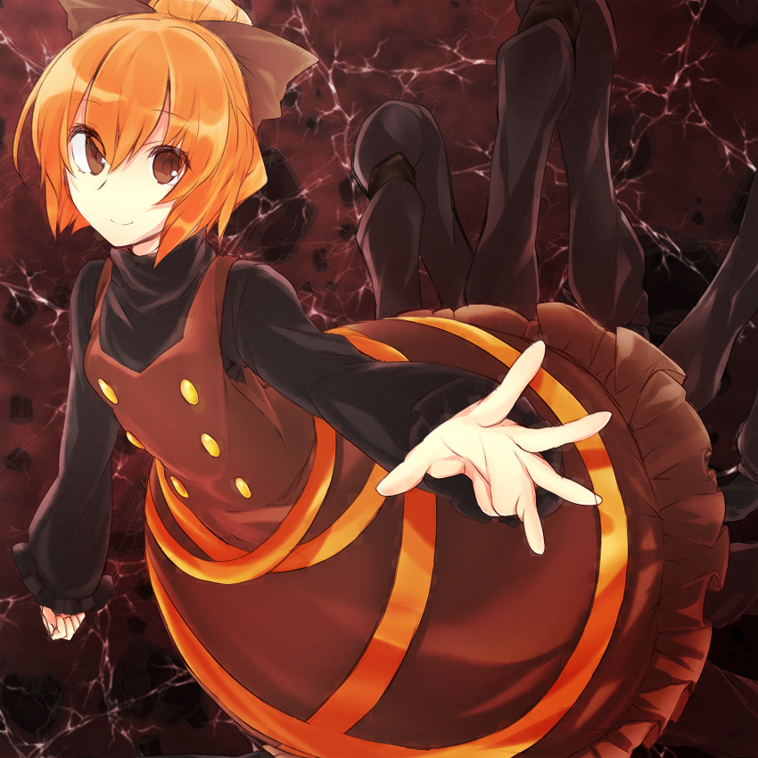 1girl bangs bow brown_bow brown_dress brown_eyes chada_atariatama closed_mouth dress hair_bow highres insect_girl kurodani_yamame long_sleeves looking_at_viewer orange_hair ponytail reaching_out silk smile solo spider_girl spider_web touhou